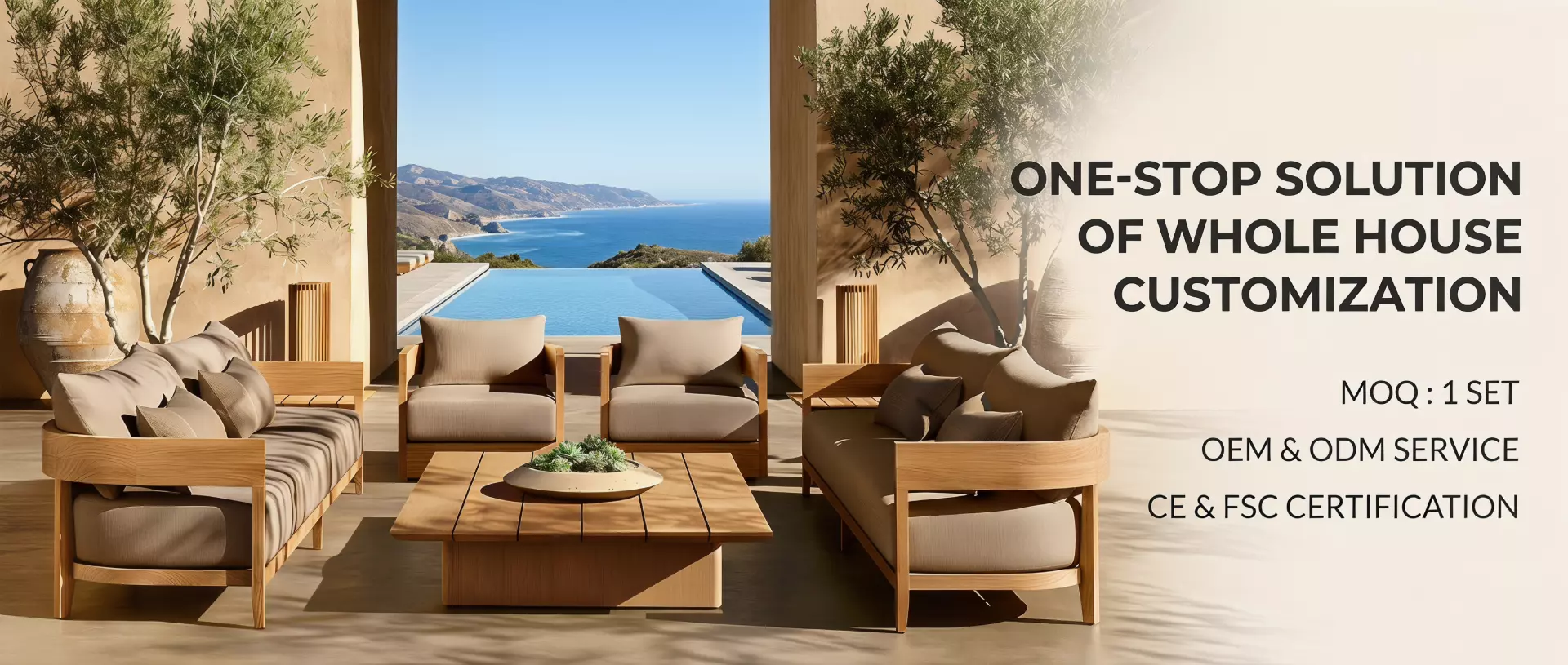 Teak outdoor sofa set with lounge chairs and a coffee table for a modern patio living area.